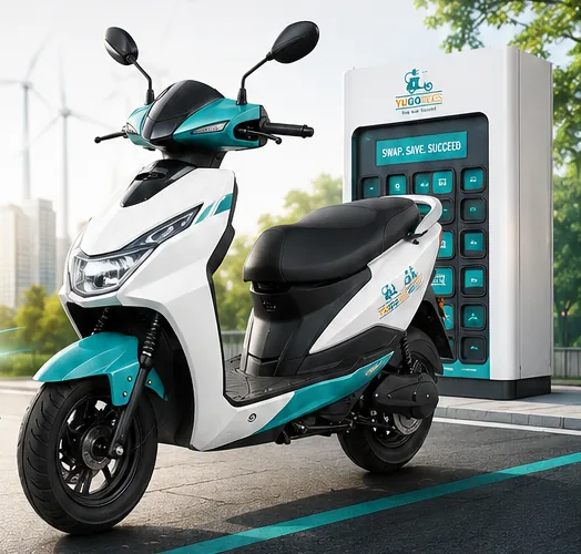 YuGO electric scooter parked beside a YuGO battery-swap station